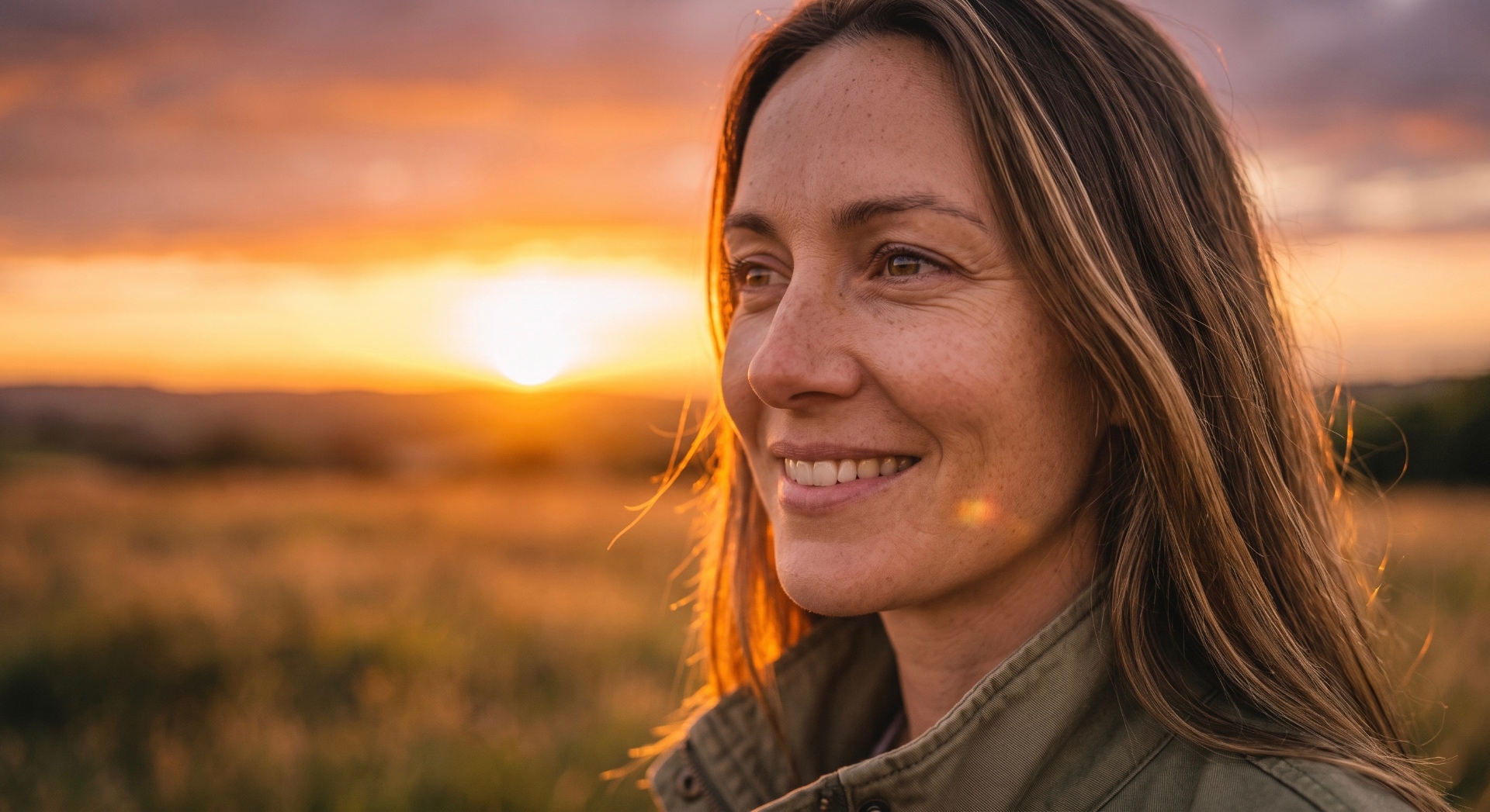 A mother smiling softly at golden hour